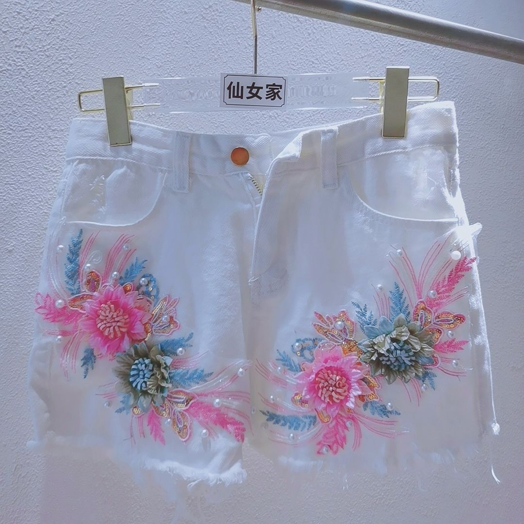 Embroidery Jeans Sakura - Moda coreana feminina verão denim shorts