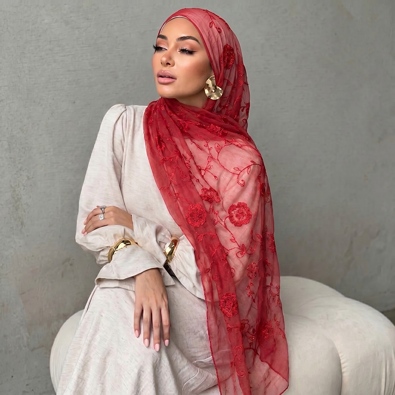 Embroidery Shawl - Lenço Hijab Muçulmano com Bordado Floral,