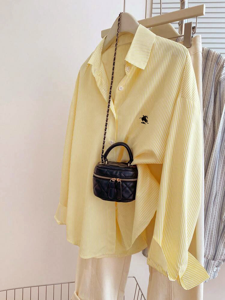 Embroidery Workshop - Camisa Elegante Listrada com Gola Clássica,