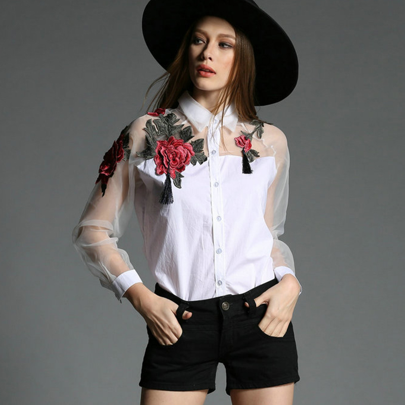Embroidery Underlay - Moda feminina floral bordado chiffon blusa