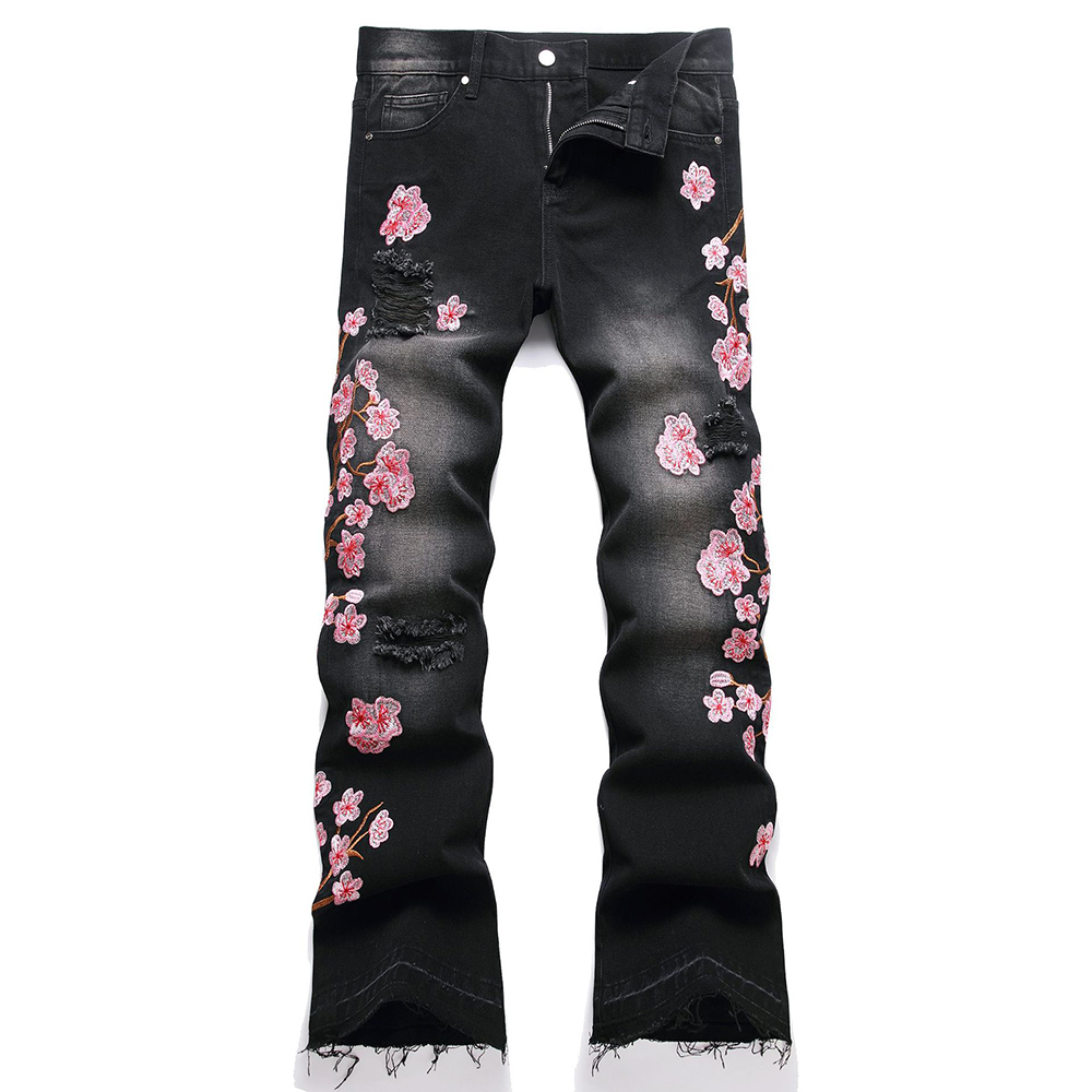 Embroidery Jeans Sakura - Homens sakura bordado denim jeans streetwear
