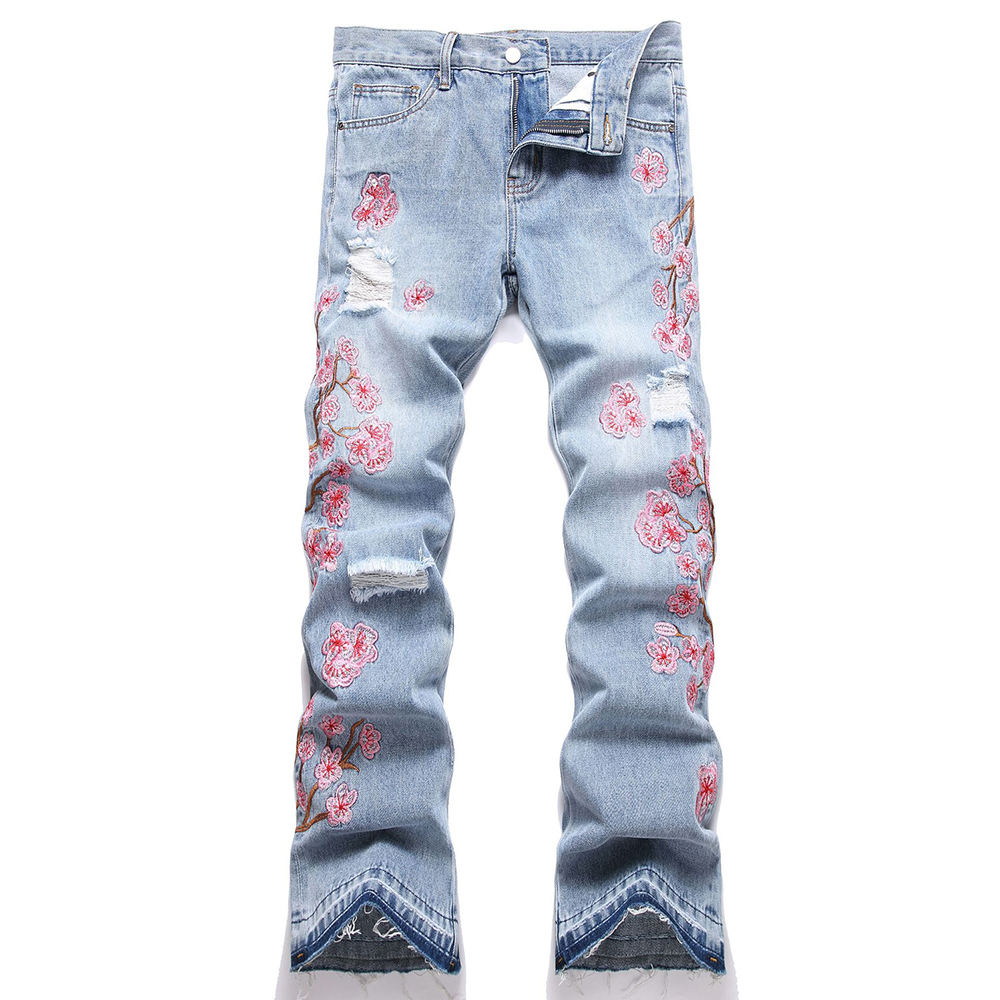Embroidery Jeans Sakura - Homens flor bordado denim jeans streetwear