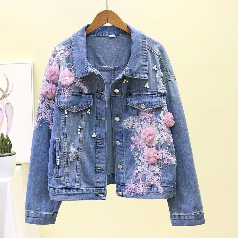 Embroidery Jeans Sakura - Jaqueta jeans curta bordada para mulheres,