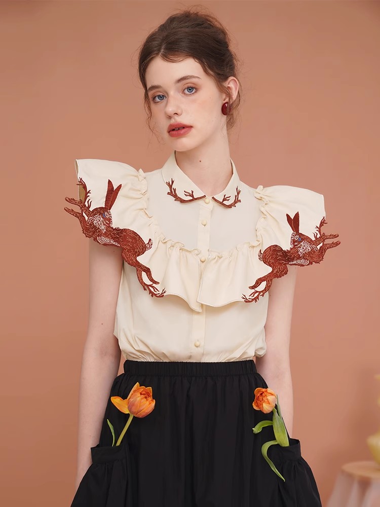 Embroidery Rabbit - Camisa bordada coelho para mulheres, camisa