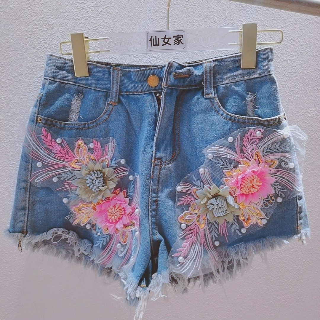 Moda coreana feminina verão de - Embroidery Jeans Sakura avaliação e preço