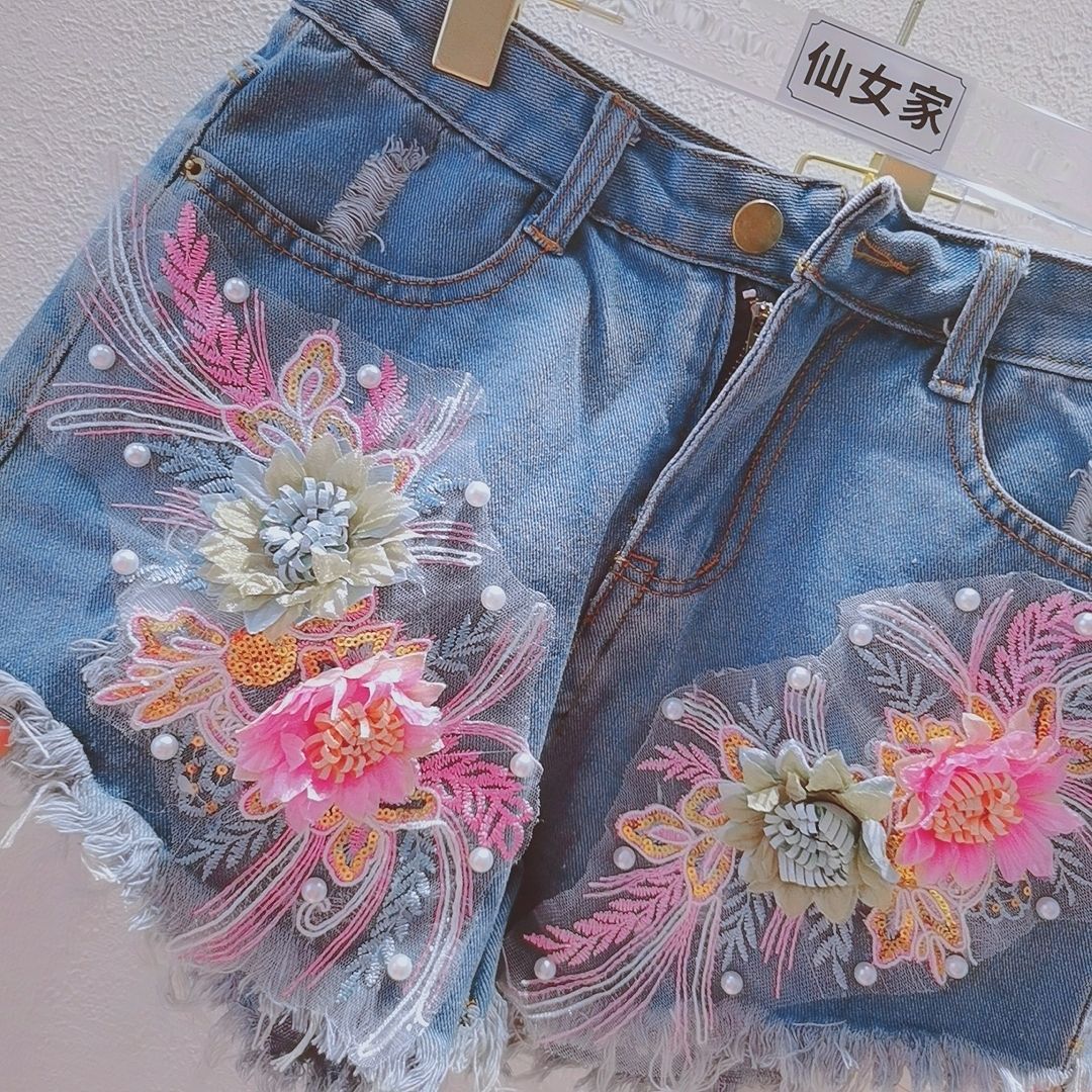 Moda coreana feminina verão de - Embroidery Jeans Sakura avaliação e preço