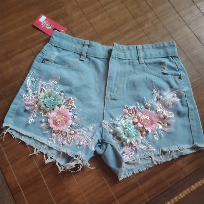 Moda coreana feminina verão de - Embroidery Jeans Sakura avaliação e preço