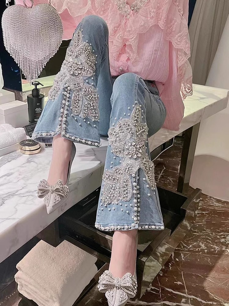 Mulheres cintura alta jeans fl - Embroidery Jeans Sakura avaliação e preço