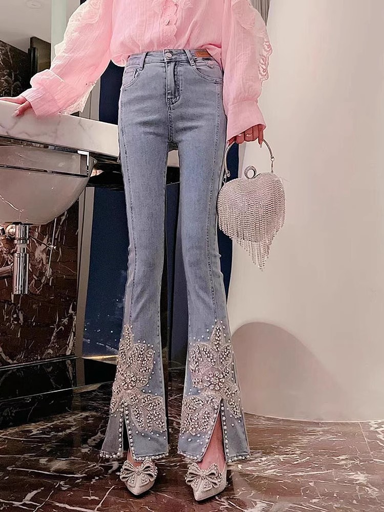 Mulheres cintura alta jeans fl - Embroidery Jeans Sakura avaliação e preço