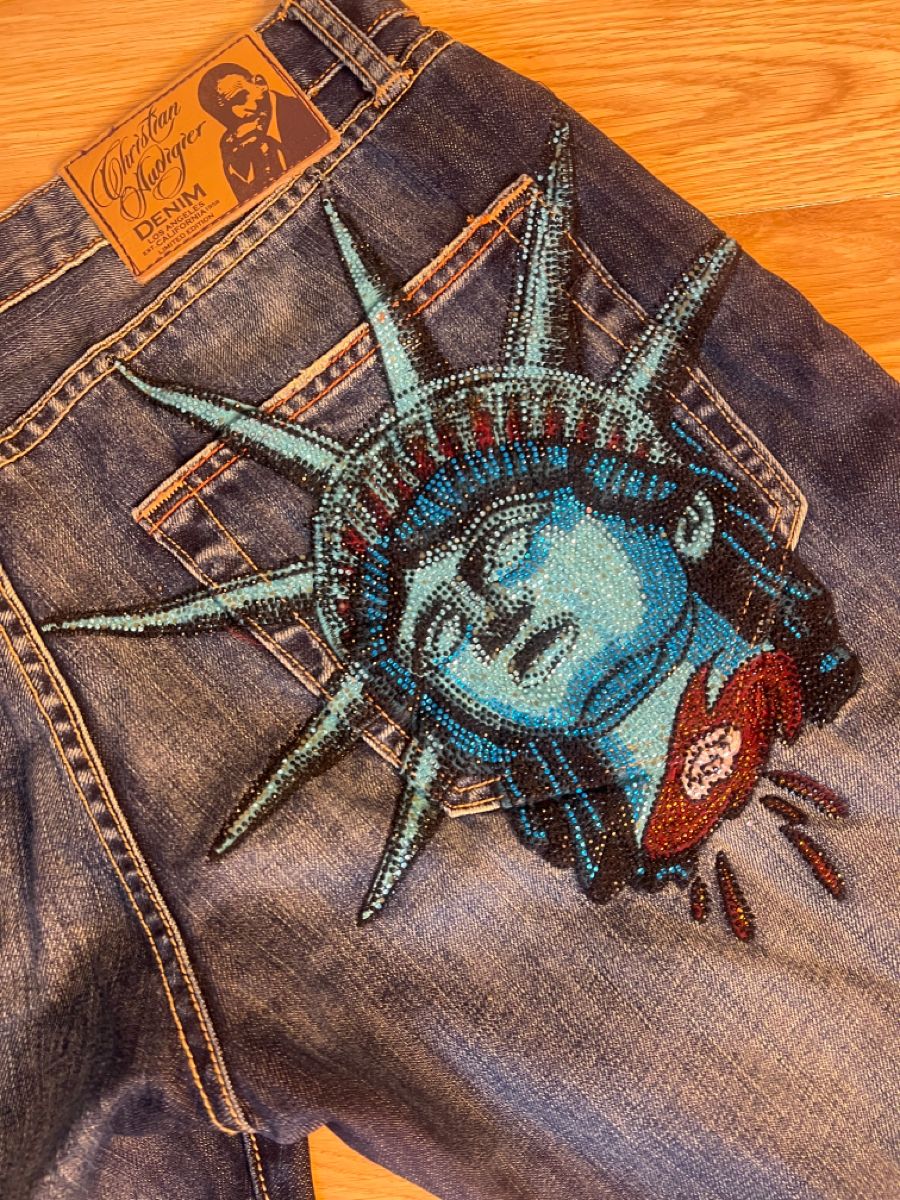 Y2k 2000s estátua da liberdade - Embroidery Jeans Sakura avaliação e preço
