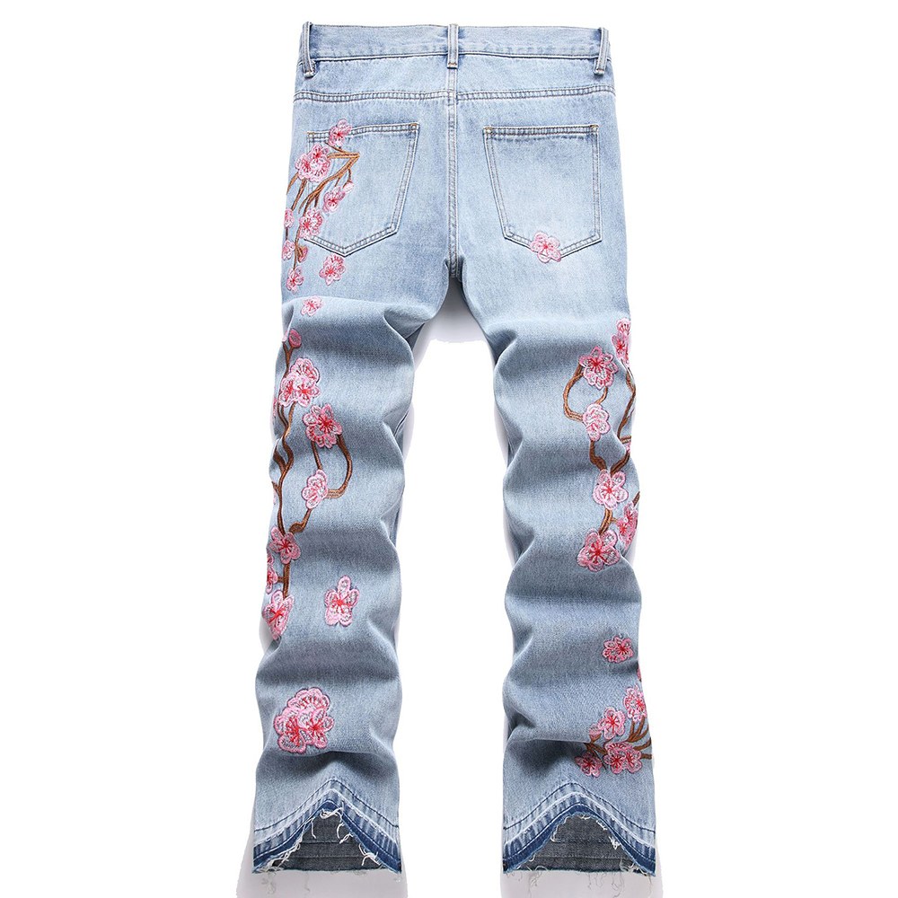 Homens flor bordado denim jean - Embroidery Jeans Sakura avaliação e preço